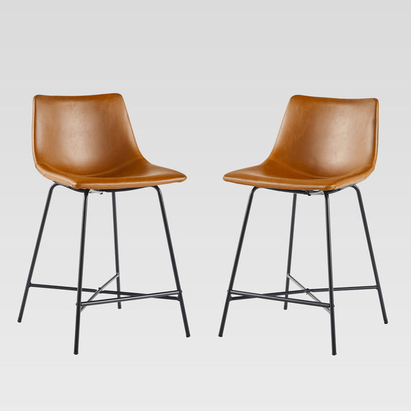 Upholstered Counter Stool with Metal X Base - Set of 2 Whiskey Brown XUMD7DWB Walker Edison