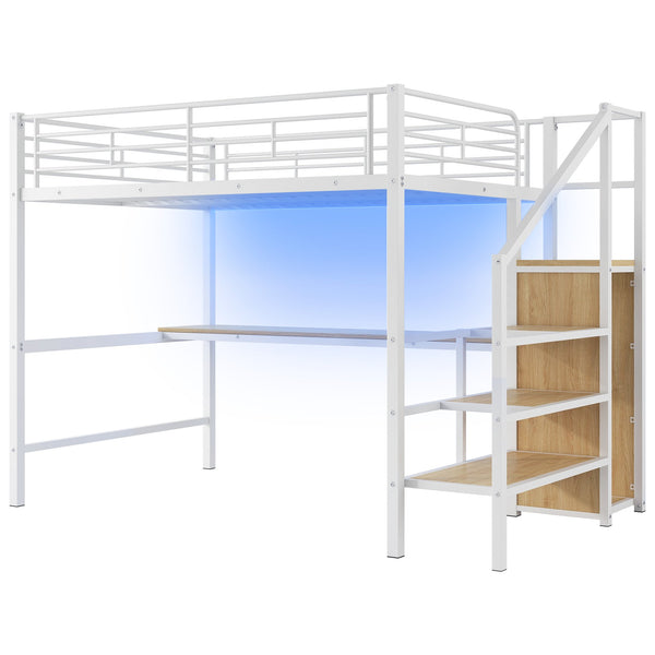 English Elm Full Size Metal Loft Bed With Desk, Storage Staircase, Wardrobe & Led Light For Small Spaces GX000620AAK-1