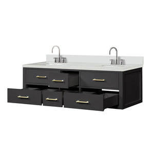 English Elm Black 60-inch Double Bath Vanity with White Quartz Top, Solid Wood Frame, Soft-Close Drawers & Chrome Faucets B2731P258039