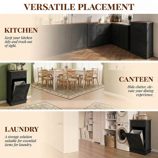 English Elm Tilt Out Trash Cabinet with Storage Drawer Conceals 10 Gallon Bin Pet Proof Brown+Black T5831P489253