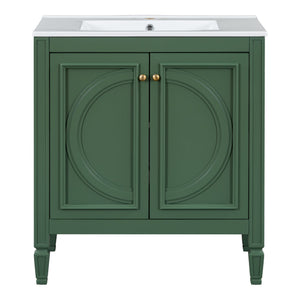 English Elm Christopher Knight Home® - 30" Bathroom Vanity with Sink Vintage Freestanding Ceramic Top Soft-Close Doors Gold Knobs, Storage Green N759P226000F