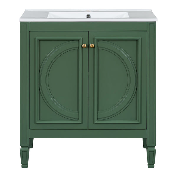 English Elm Christopher Knight Home® - 30" Bathroom Vanity with Sink Vintage Freestanding Ceramic Top Soft-Close Doors Gold Knobs, Storage Green N759P226000F