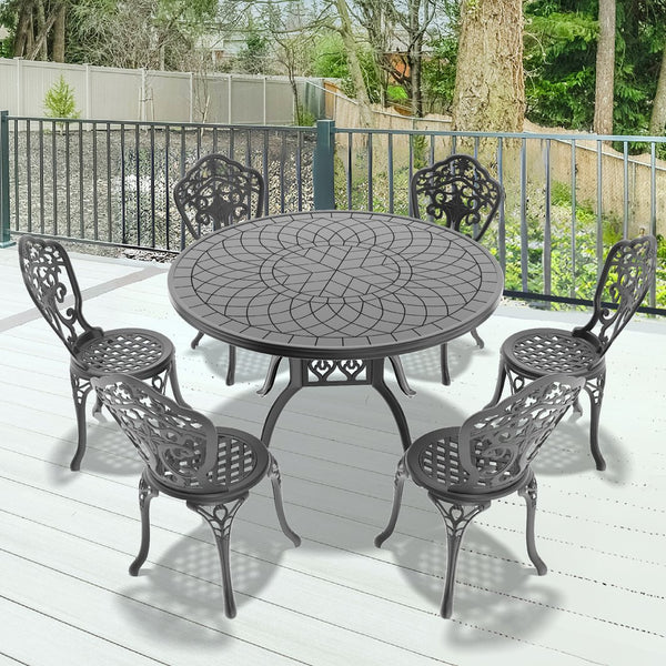 English Elm 7-Piece All-Weather Cast Aluminum Dining Set - Stylish Black Frame For Patio Comfort & Durability W1710S00226