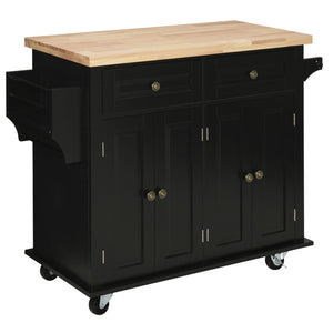 English Elm HOMCOM Mobile Kitchen Island Cart with Rubberwood Butcher Top, Locking Casters, Drawers & Shelves for Organized Prep and Storage Black W2225P173892