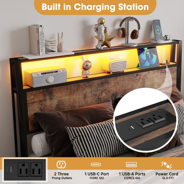English Elm Queen Metal Platform Bed with Rgb Led Headboard Charging Station and Underbed Storage Brown T3963P483788