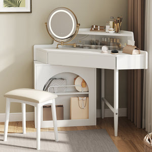 English Elm Corner Makeup Vanity Desk with 360° Rotating LED Mirror, Adjustable Brightness, L-Shaped Corner Design and Pull-Out Storage for Small Spaces White N844P263663A