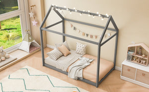 English Elm Twin House Bed Pine Wood Frame with Peaked Roofline Low Profile Kids Bedroom WF197557AAE