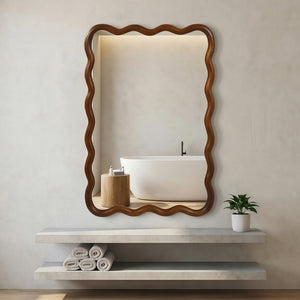 English Elm Black Walnut Solid Wood Wavy Frame Mirror Sculptural Bohemian Accent for Any Room W2203P455232