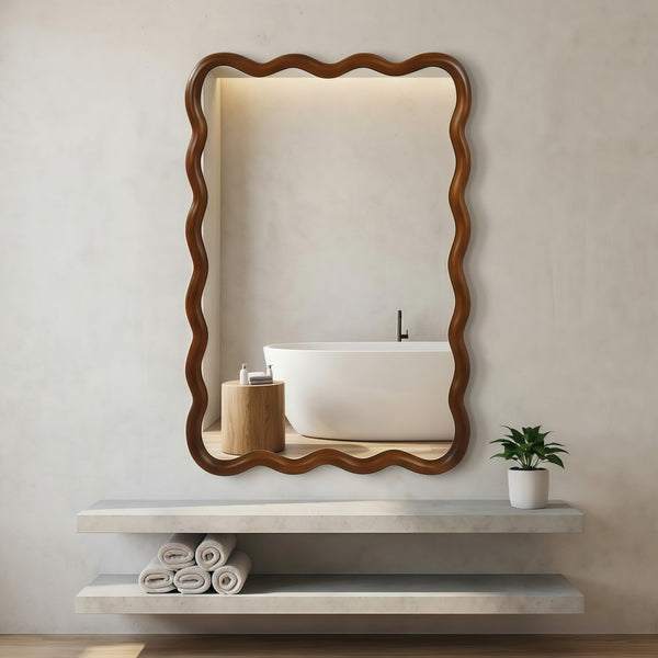 English Elm Black Walnut Solid Wood Wavy Frame Mirror Sculptural Bohemian Accent for Any Room W2203P455232