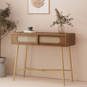 English Elm Christopher Knight Home® - CONSOLE Table Antique Gold Metal & Wood with Rattan Accents, Sliding Doors, Rustic Glam Hallway Piece 71095.00ANTGLD
