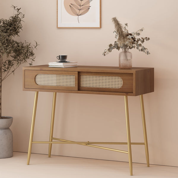 English Elm Christopher Knight Home® - CONSOLE Table Antique Gold Metal & Wood with Rattan Accents, Sliding Doors, Rustic Glam Hallway Piece 71095.00ANTGLD