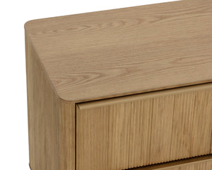 Sunpan KALLA Nightstand - Large Rustic Oak with Textured Vertical Reeding & Sleek Gold Steel Base Design 112408