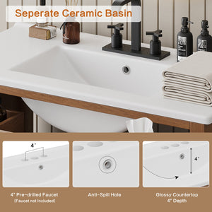 English Elm Christopher Knight Home® - 36" Rattan Bathroom Vanity with Ceramic Sink and Soft-Close Drawers, Handwoven Door Texture, Solid Wood Legs, Spacious Storage Elegance Brown N817P271077B