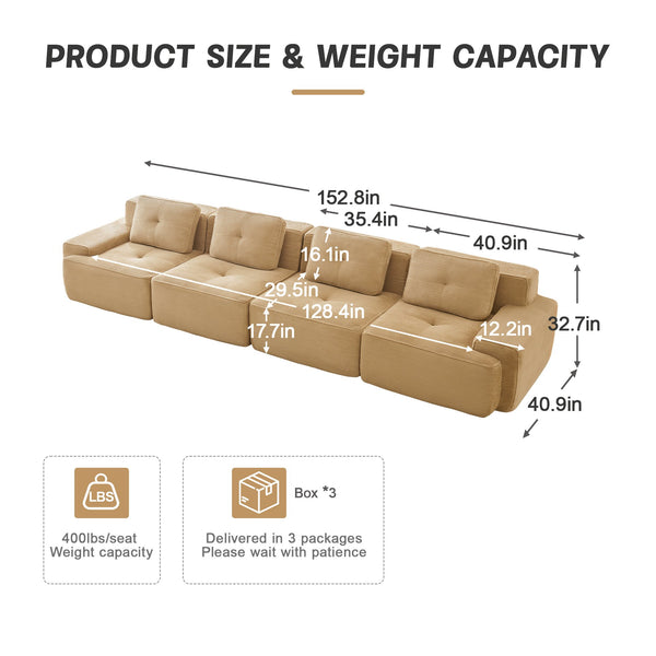 English Elm 153" Modern Modular Sectional Sofa - Cozy Corduroy 4-Seater Couch With Tufted Design & No Assembly W714S01471