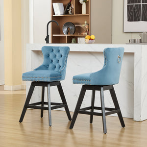English Elm Swivel Velvet Barstools with Tufted Back Support, 360° Rotation, Foam & Spring Cushion, Sturdy Wooden Frame Light Blue W1143P369089
