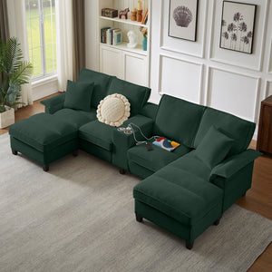 English Elm 120" Modular Corduroy Sectional Sofa Bed with Storage, U-Shaped 4-Seater, Cup Holders & Console Green W1359S00011