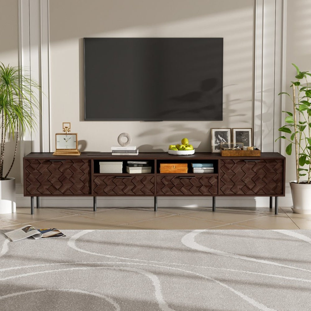 English Elm 78 Inch Walnut Media Console with Slatted Doors Iron Legs and Cable Management N710P373605Q