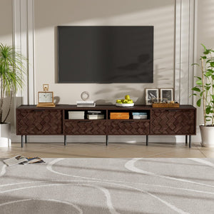 English Elm 78 Inch Walnut Media Console with Slatted Doors Iron Legs and Cable Management N710P373605Q