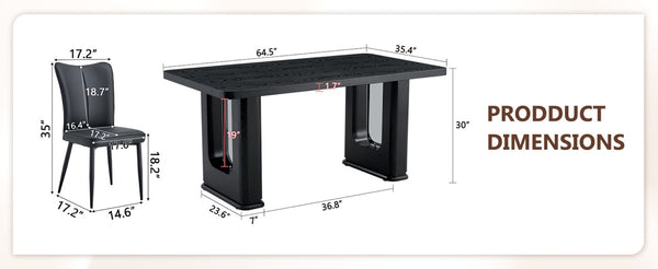 English Elm Table Black Wood Dining Set With 6 Stylish Pu Chairs, Textured Finish & U-Shaped Metal Legs For Modern Homes W1151S04315-GIGA