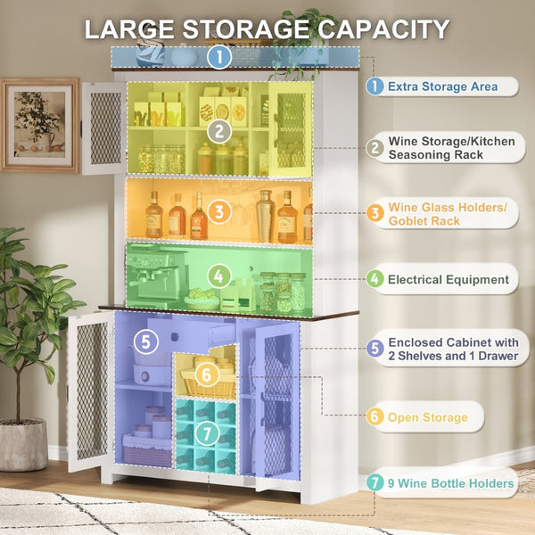 English Elm 70.9" Farmhouse Hutch Pantry with Led Lighting Wine Rack Mesh Doors and Built-in Power White CH361426AAK