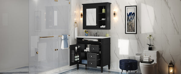 English Elm 30'' Bathroom Vanity Set With Mirror, Modern Freestanding Storage Cabinet & Integrated Sink Design SW000127AAB-1