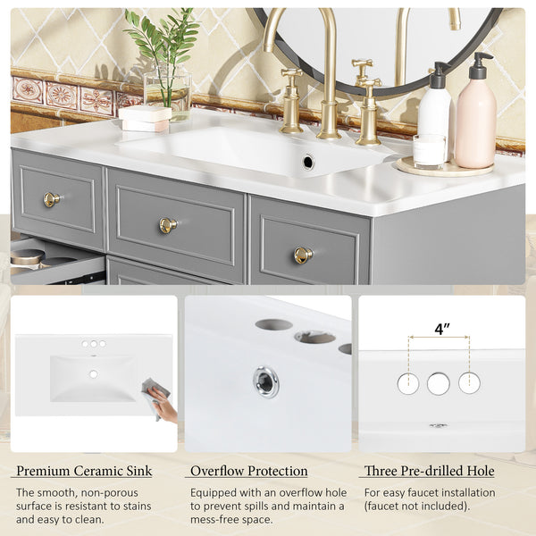 English Elm 36" 36-inch Transitional Bathroom Vanity with Ceramic Basin, Solid Wood Frame, Soft-Close Storage Elegance Grey N729P255663E