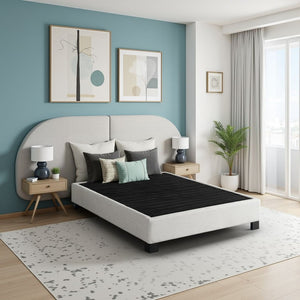 English Elm Modern Low Profile King Platform Bed Base Upholstered in Soft Polyester Fabric Beige B108P468536