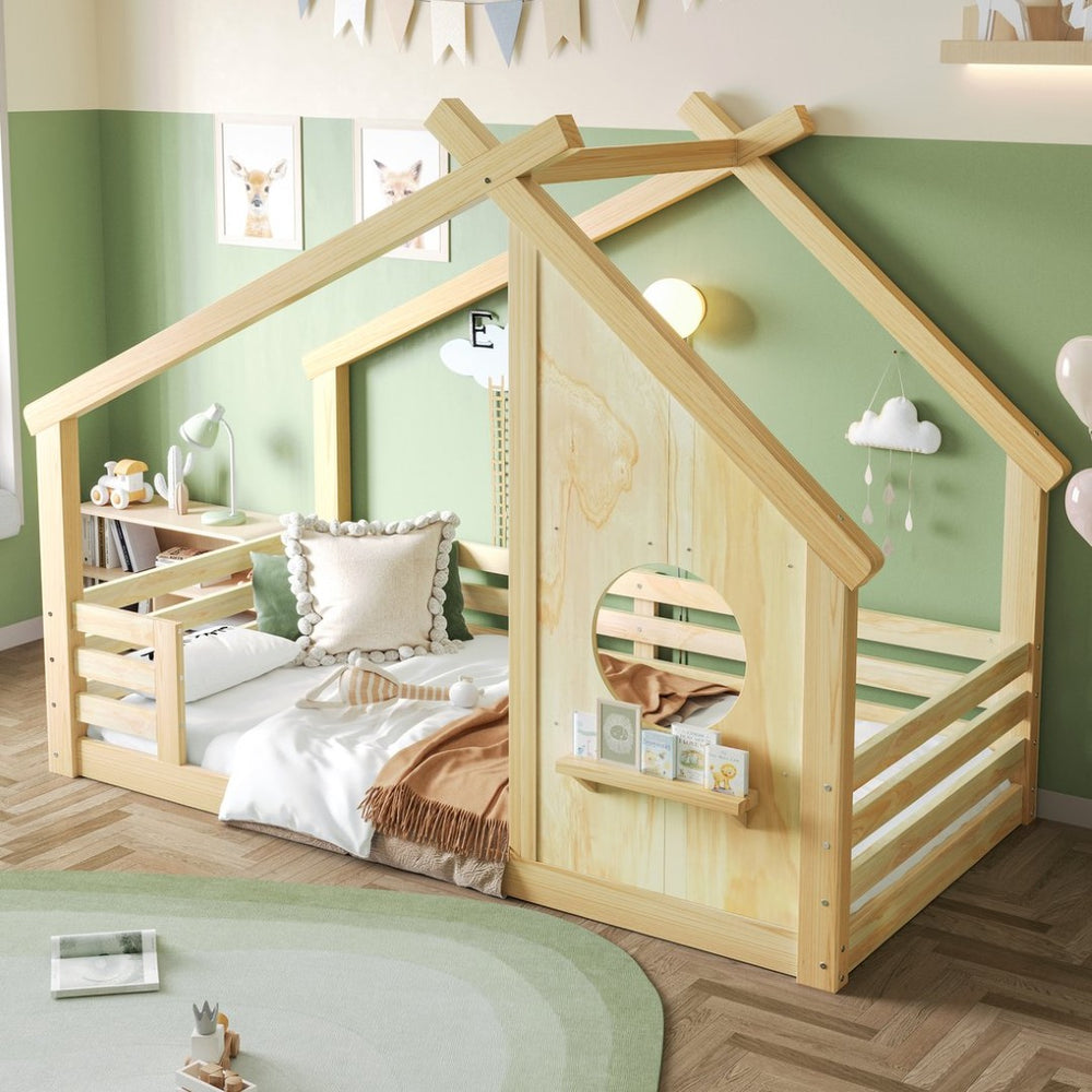 English Elm Twin House Bed Low Profile Pine Wood Frame with Shelf Montessori Kids Floor Sleeping Natural W5305P429643
