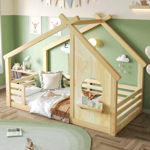 English Elm Twin House Bed Low Profile Pine Wood Frame with Shelf Montessori Kids Floor Sleeping Natural W5305P429643