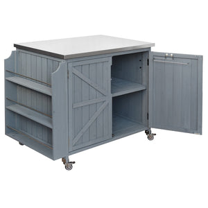 English Elm K&k Rolling Outdoor Kitchen Island Solid Fir Wood Stainless Steel Top Storage Cabinet Grey+Blue N707P370287G