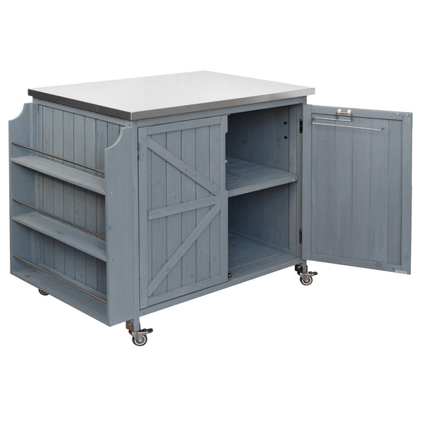 English Elm K&k Rolling Outdoor Kitchen Island Solid Fir Wood Stainless Steel Top Storage Cabinet Grey+Blue N707P370287G