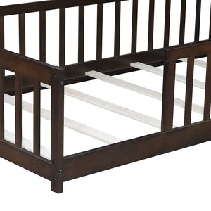 English Elm Twin Solid Rubberwood Floor Bed with Full Perimeter Safety Rails for Toddler Rooms Espresso W504P296797