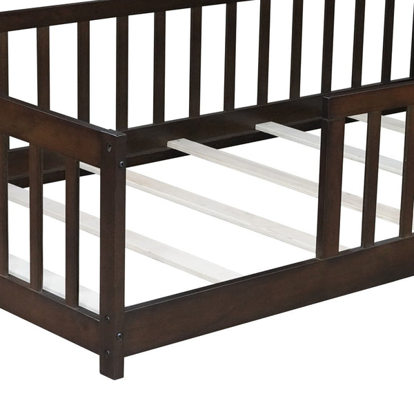English Elm Twin Solid Rubberwood Floor Bed with Full Perimeter Safety Rails for Toddler Rooms Espresso W504P296797