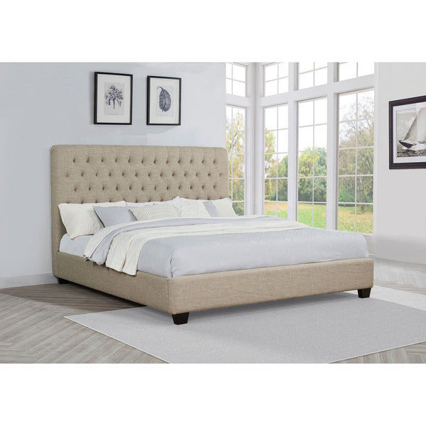 English Elm Copper Oatmeal Tufted Eastern King Panel Bed with Plush Upholstery, Timeless Cozy Design, 89" L B062S00665