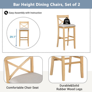 English Elm TOPMAX Farmhouse 48" Rectangular Wood Bar Height Dining Set with 2 Cushioned Stools, Space-Saving Design Natural+Beige N717P334716N