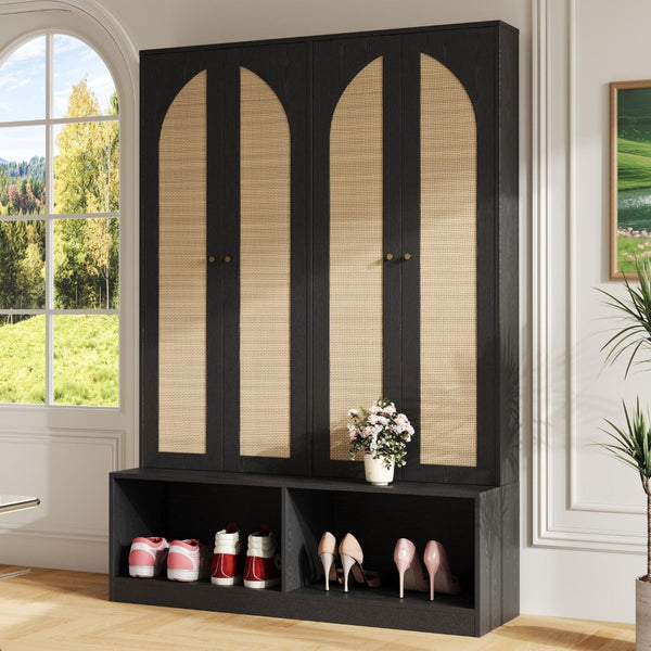 English Elm Rattan Door Hall Tree Bench with 6 Hooks Farmhouse Entryway Storage N721S000074B