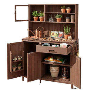 English Elm (with Hutch) Topamx Solid Fir Potting Bench Patio Workstation Spice Rack Drawer Brown N717P404330D
