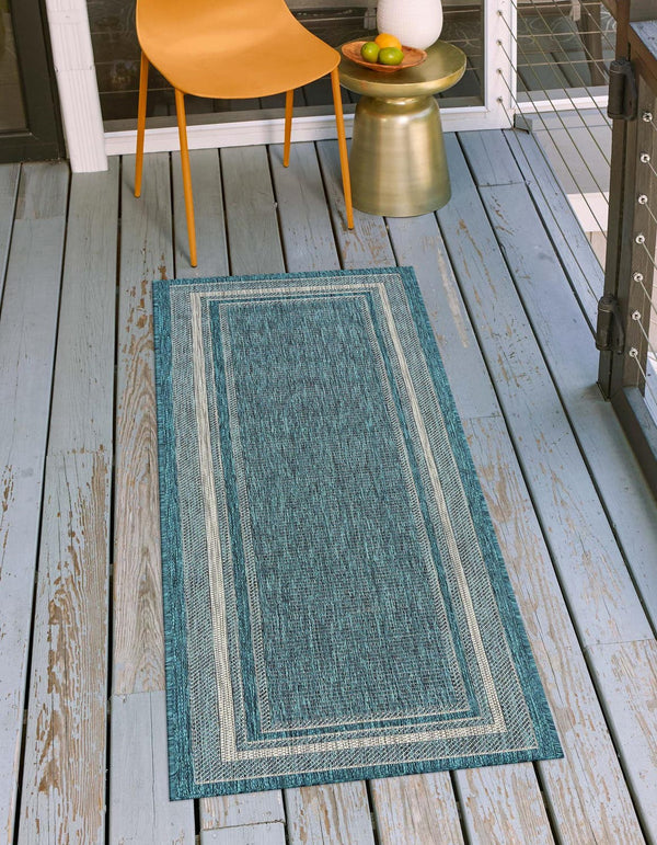 Unique Loom Blue Outdoor Border Runner - Vibrant 2' X 6' Design To Brighten Up Your Patio And Outdoor Spaces Teal  3136834-unique-loom