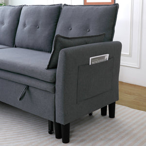 English Elm L-Shaped Reversible Chaise Sectional Sofa with Storage and Fold-Out Bed Cotton-Linen Modern Design DARK GREY W3371S00025