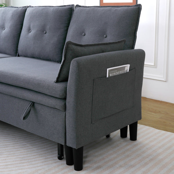 English Elm L-Shaped Reversible Chaise Sectional Sofa with Storage and Fold-Out Bed Cotton-Linen Modern Design DARK GREY W3371S00025