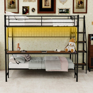 English Elm Full Over Twin Metal Bunk Bed with Desk Led Strip Shelves for Teen Dorm Rooms Antique Black W1935S00009