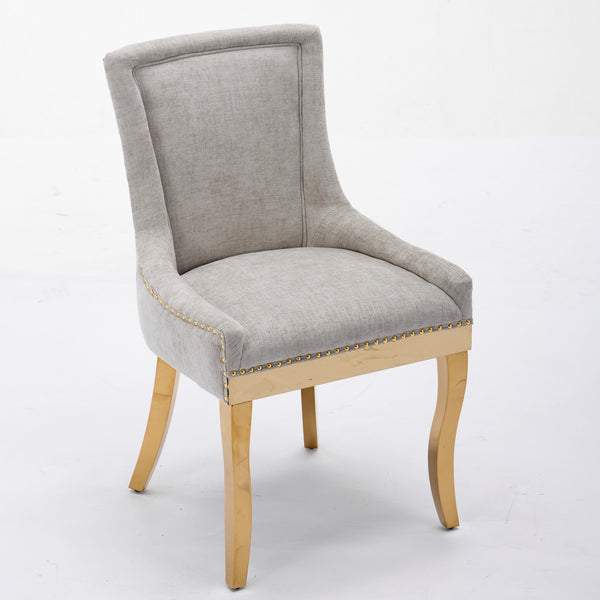 English Elm Chenille Plush Dining Chair with Curved Gold-Plated Legs, Rivet Trim, Textured Upholstery Comfort Beige W1143P332684