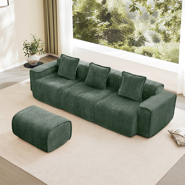 English Elm Streamlined Velvet L-shaped Sectional Sofa with Ottoman and Cloud Cushion Living Room Green W3041S00366