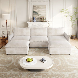 English Elm Corduroy 3-Seater Cloud Couch With Movable Footrests - Oversized U-Shaped Sofa For Ultimate Comfort W834S00427