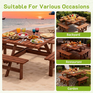 English Elm 8-person Square Wood Picnic Table with Umbrella Hole Reinforced Outdoor Dining Set W1422P392906