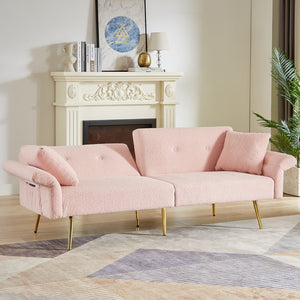 English Elm Modern Teddy Upholstered Loveseat Sofa Bed with Adjustable Backrest, Foldable Armrests & Gold Legs Pink W1117P303443
