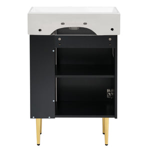 English Elm 21.6" Black Modern Bathroom Vanity with Ceramic Sink, Right Side Storage, Gold Legs & Soft-Close Doors SV000006AAB