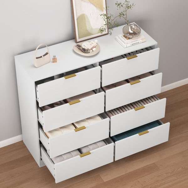 English Elm 8 Drawer Tall Chest Slim Particleboard Build Smooth Gliding Storage for Bedroom Closet White W409S00028