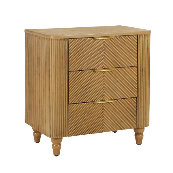 English Elm Mid-century Fluted 3 Drawer Nightstand with Gourd Legs and Gold Tone Handles for Bedroom Natural N761P285712N