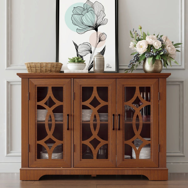 English Elm 48.66" Wide Tempered Glass Door Buffet Sideboard with Adjustable Shelves Dark Finish Dark Oak W2899P372745